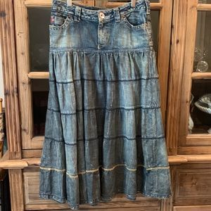 Miss Sixty distressed denim prairie skirt, size M